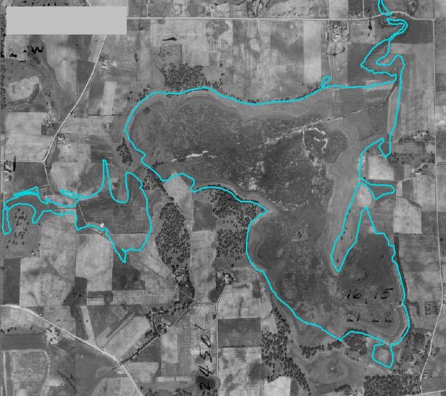 Rice Lake as photographed in 1937 (with current Rice Lake outline)
